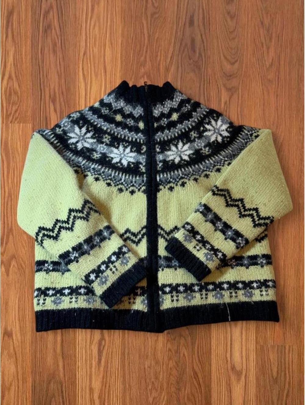 Vtg 90s Nordic Design Full Zip Sweater Rabbit Fur Trim Cream Yellow Geometric M